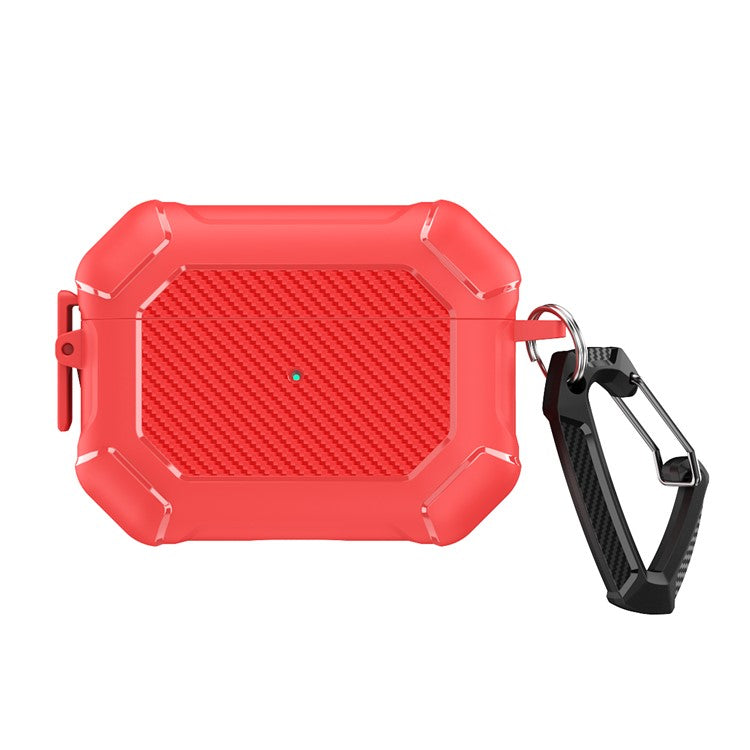 For AirPods Pro 2 TPU+PC Earphone Case Carbon Fiber Texture Reinforced Protective Cover with Carabiner - Red