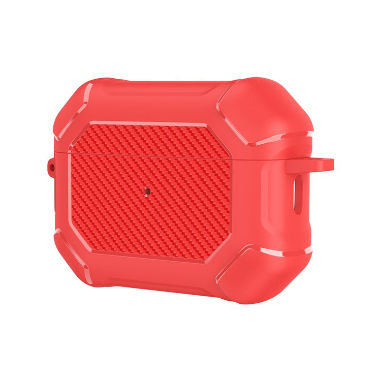 For AirPods Pro 2 TPU+PC Earphone Case Carbon Fiber Texture Reinforced Protective Cover with Carabiner - Red