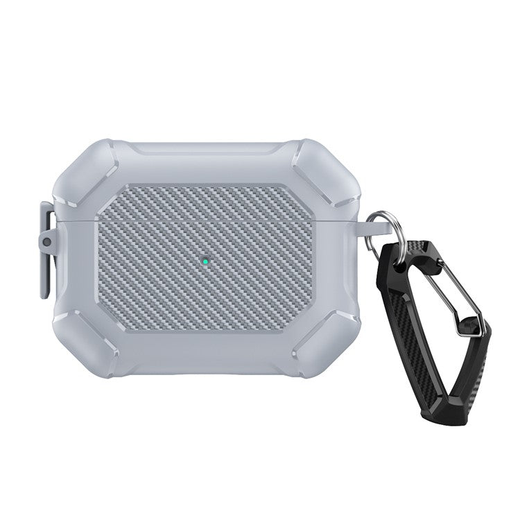 For AirPods Pro 2 TPU+PC Earphone Case Carbon Fiber Texture Reinforced Protective Cover with Carabiner - Grey