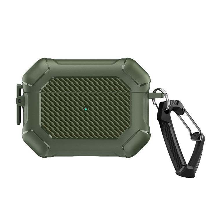 For AirPods Pro 2 TPU+PC Earphone Case Carbon Fiber Texture Reinforced Protective Cover with Carabiner - Army Green