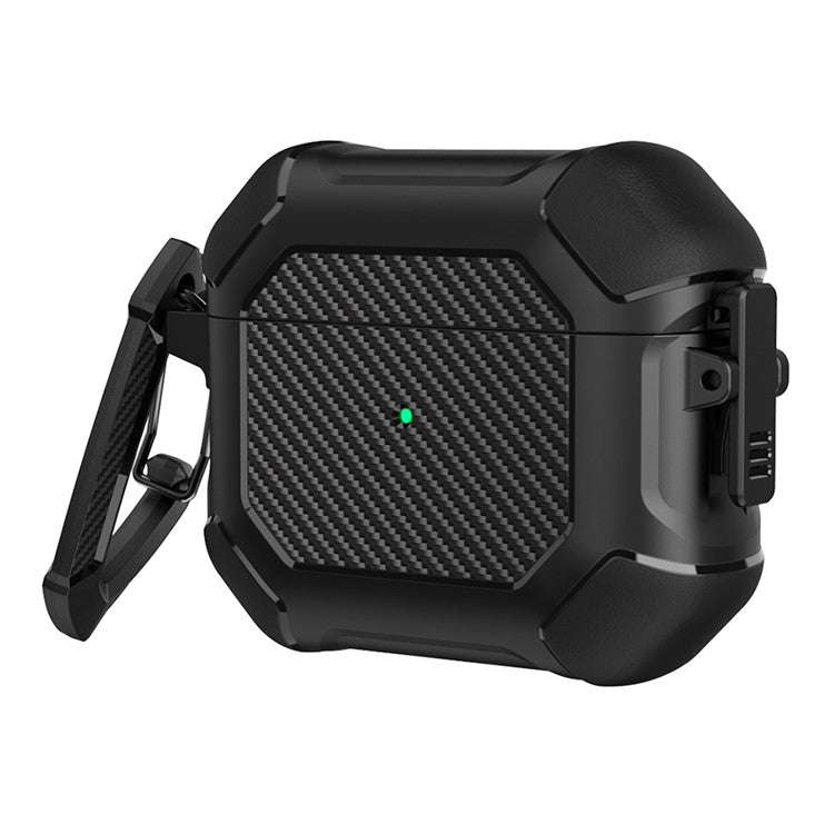 For AirPods 3 Earphone Protective Cover TPU+PC Carbon Fiber Texture Shockproof Case with Carabiner - Black