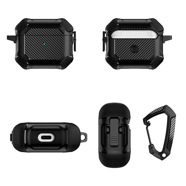 For AirPods 3 Earphone Protective Cover TPU+PC Carbon Fiber Texture Shockproof Case with Carabiner - Black