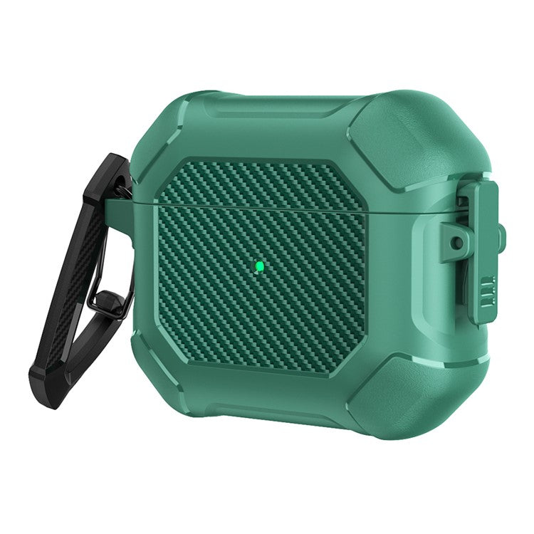 For AirPods 3 Earphone Protective Cover TPU+PC Carbon Fiber Texture Shockproof Case with Carabiner - Green