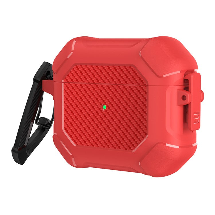 For AirPods 3 Earphone Protective Cover TPU+PC Carbon Fiber Texture Shockproof Case with Carabiner - Red