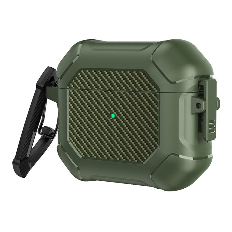 For AirPods 3 Earphone Protective Cover TPU+PC Carbon Fiber Texture Shockproof Case with Carabiner - Army Green