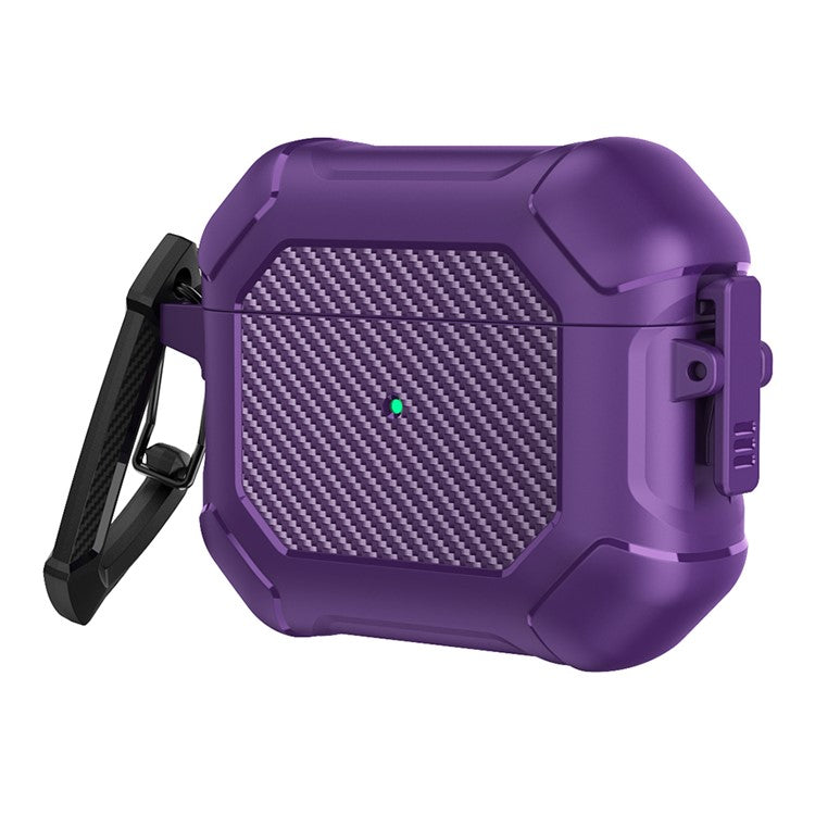 For AirPods 3 Earphone Protective Cover TPU+PC Carbon Fiber Texture Shockproof Case with Carabiner - Purple