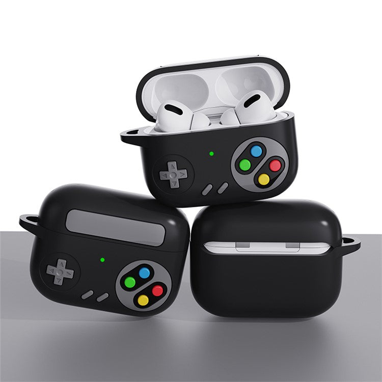 For Apple AirPods Pro Earphone Silicone Case Game Console Design Earbuds Cover with Ring Buckle - Black