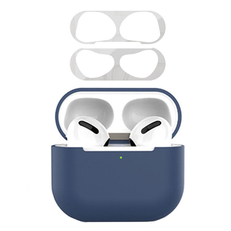 For Apple AirPods 3 Earphone Case Silicone Shock-Absorbing Earbuds Cover with Metal Dustproof Sticker Kit - Midnight Blue+Silver