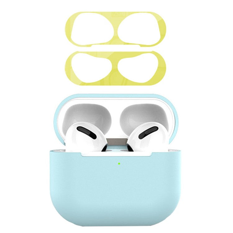 For Apple AirPods 3 Earphone Case Silicone Shock-Absorbing Earbuds Cover with Metal Dustproof Sticker Kit - Sky Blue+Gold