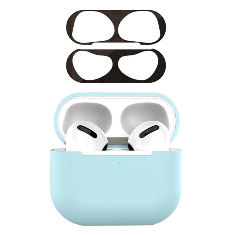 For Apple AirPods 3 Earphone Case Silicone Shock-Absorbing Earbuds Cover with Metal Dustproof Sticker Kit - Sky Blue+Black