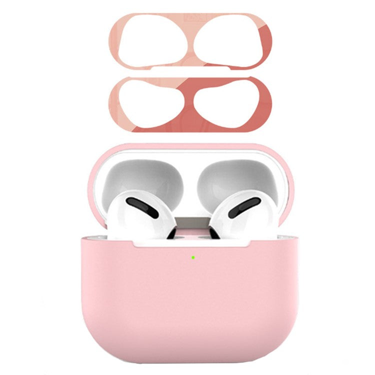 For Apple AirPods 3 Earphone Case Silicone Shock-Absorbing Earbuds Cover with Metal Dustproof Sticker Kit - Pink+Rose Gold