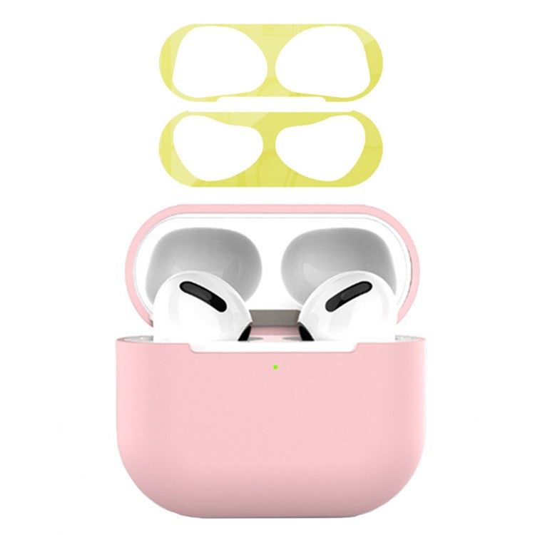 For Apple AirPods 3 Earphone Case Silicone Shock-Absorbing Earbuds Cover with Metal Dustproof Sticker Kit - Pink+Gold