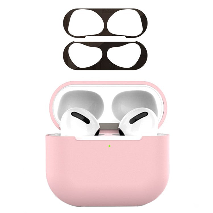 For Apple AirPods 3 Earphone Case Silicone Shock-Absorbing Earbuds Cover with Metal Dustproof Sticker Kit - Pink+Black