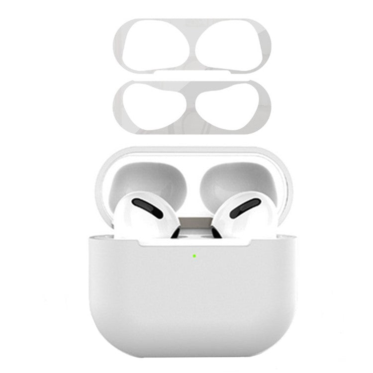 For Apple AirPods 3 Earphone Case Silicone Shock-Absorbing Earbuds Cover with Metal Dustproof Sticker Kit - White+Silver