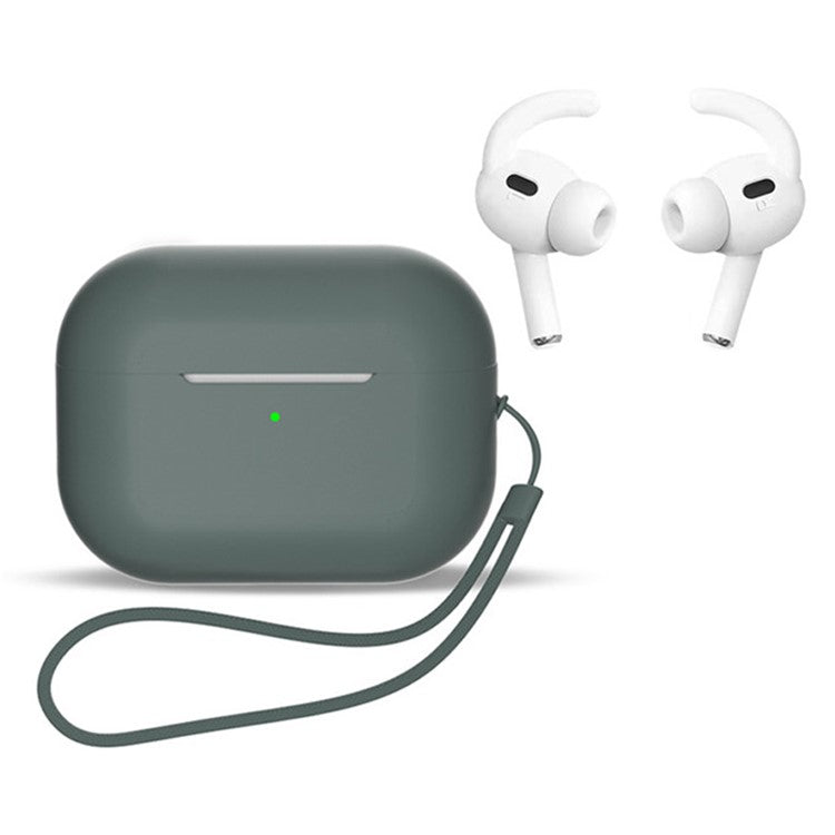 For AirPods Pro 2 Earphones Case Full Protective Silicone Shockproof Cover with Strap / Ear-Tip - Midnight Green