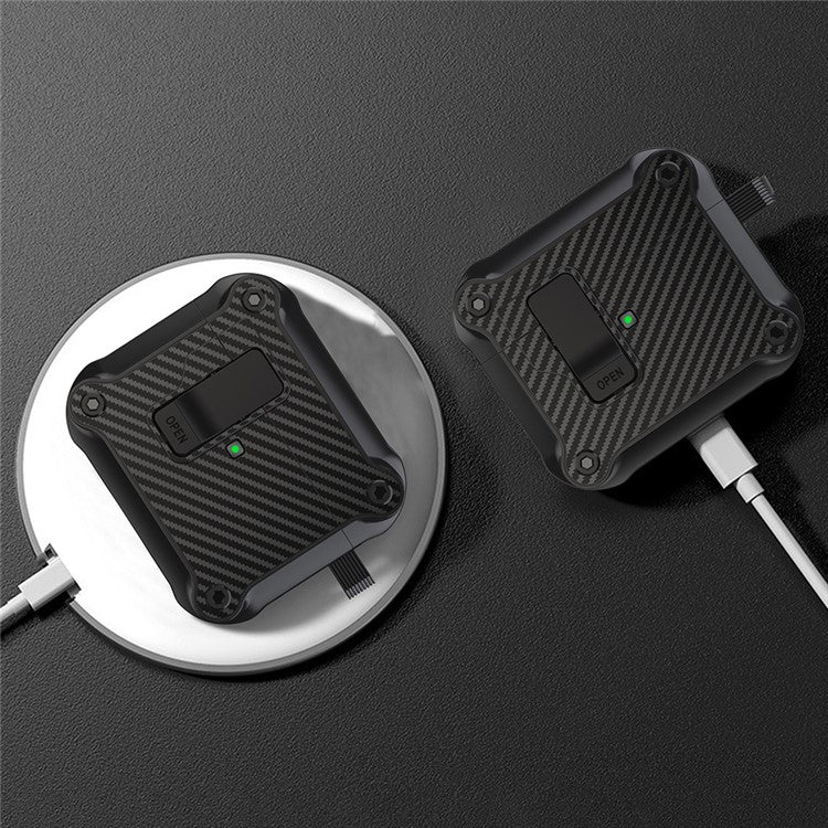 For Apple AirPods 3 Earphone Case Carbon Fiber Texture Magnetic Auto Lock Earbud TPU Cover - Black