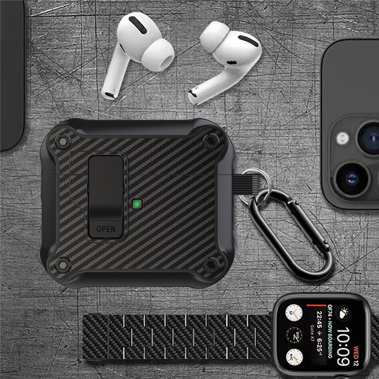 For Apple AirPods 3 Earphone Case Carbon Fiber Texture Magnetic Auto Lock Earbud TPU Cover - Black