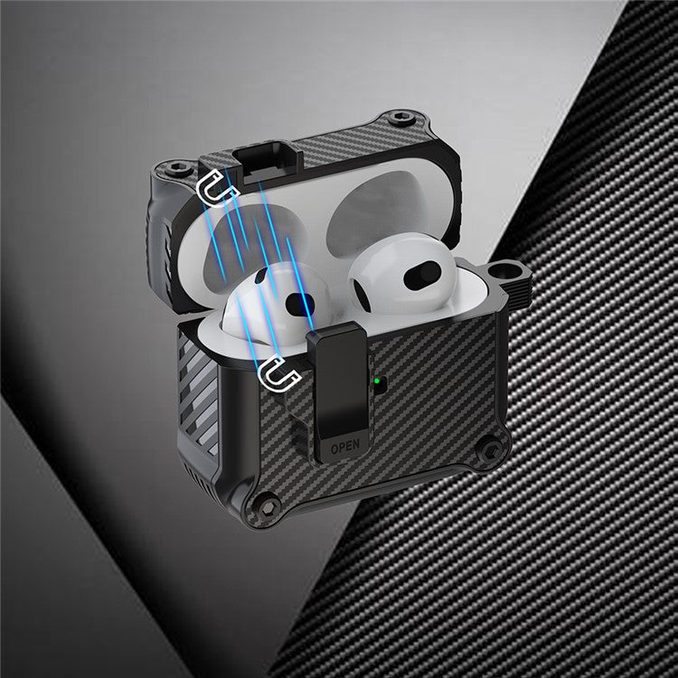 For Apple AirPods 3 Earphone Case Carbon Fiber Texture Magnetic Auto Lock Earbud TPU Cover - Sapphire