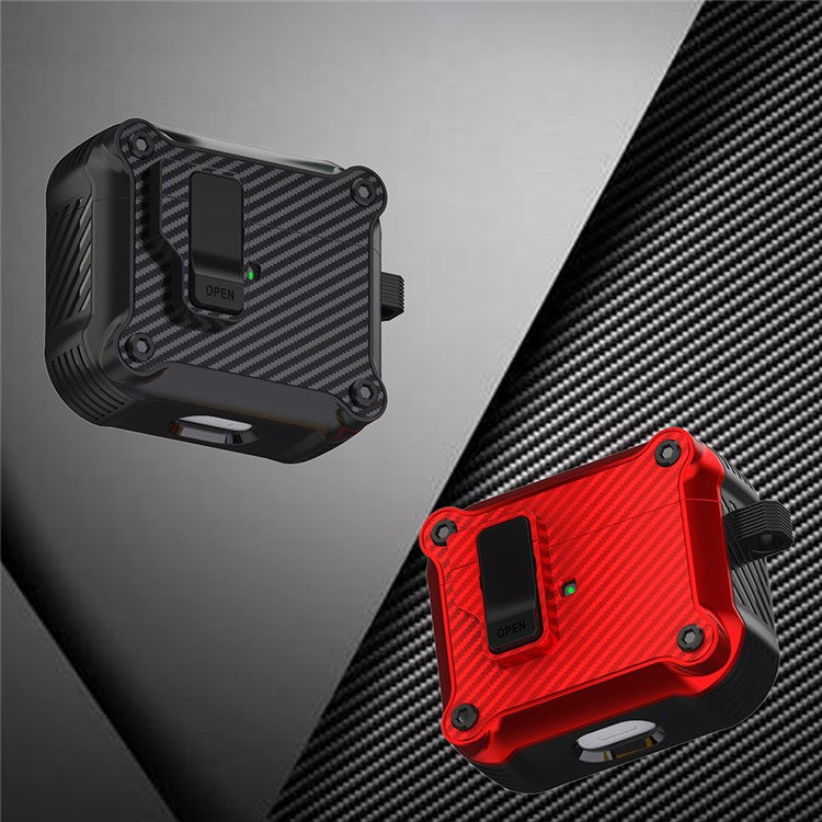 For Apple AirPods 3 Earphone Case Carbon Fiber Texture Magnetic Auto Lock Earbud TPU Cover - Red