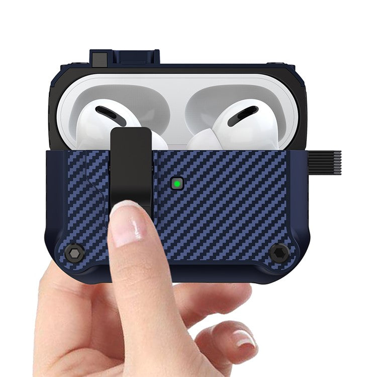 For Apple AirPods Pro 2 Carbon Fiber Texture Earphone Case Earbud TPU Cover with Magnetic Auto Lock - Sapphire