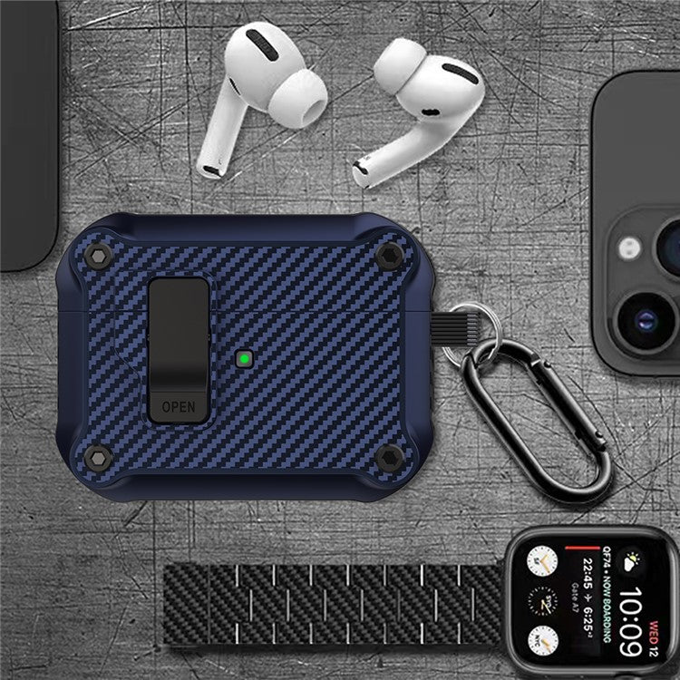 For Apple AirPods Pro 2 Carbon Fiber Texture Earphone Case Earbud TPU Cover with Magnetic Auto Lock - Sapphire