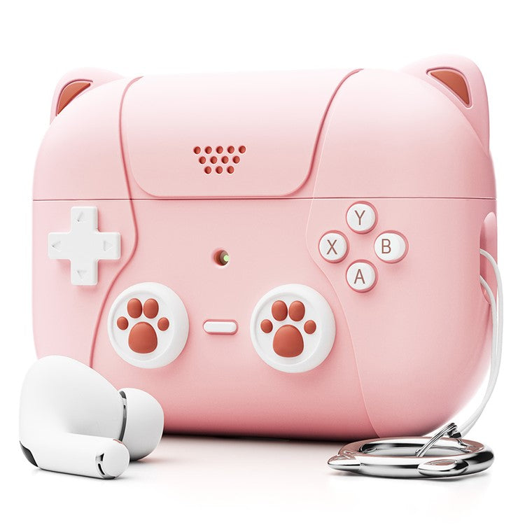 For Apple AirPods Pro / AirPods Pro 2 Silicone Case Cat Game Console Design Earphone Cover with Lanyard - Light Pink