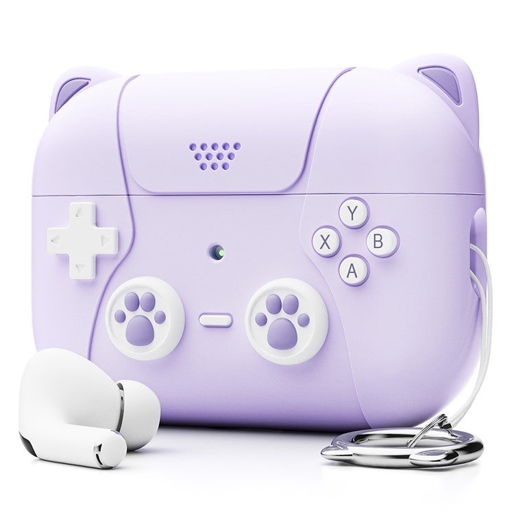 For Apple AirPods Pro / AirPods Pro 2 Silicone Case Cat Game Console Design Earphone Cover with Lanyard - Light Purple