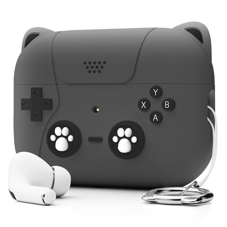 For Apple AirPods Pro / AirPods Pro 2 Silicone Case Cat Game Console Design Earphone Cover with Lanyard - Dark Grey