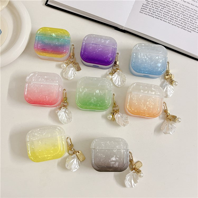 For Apple AirPods 3 Full Protective Cover Gradient Shell Grain Earphone Square TPU Case with Shell Shape Pendant - Yellow