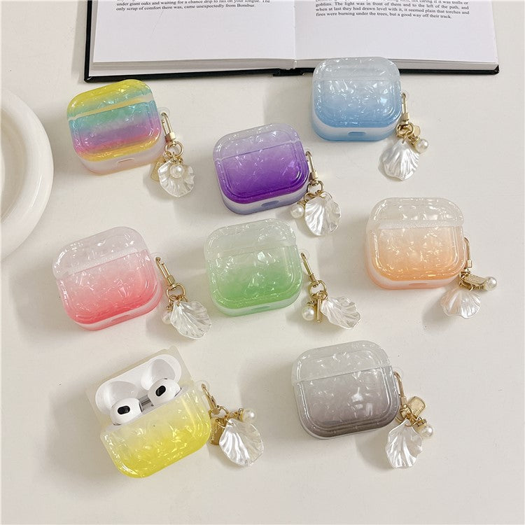 For Apple AirPods 3 Full Protective Cover Gradient Shell Grain Earphone Square TPU Case with Shell Shape Pendant - Yellow