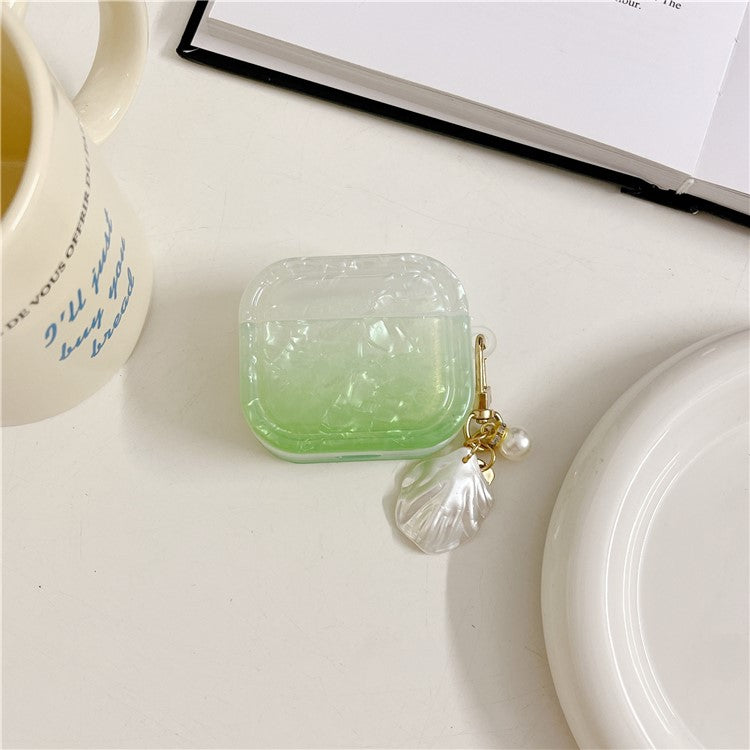 For Apple AirPods 3 Full Protective Cover Gradient Shell Grain Earphone Square TPU Case with Shell Shape Pendant - Green