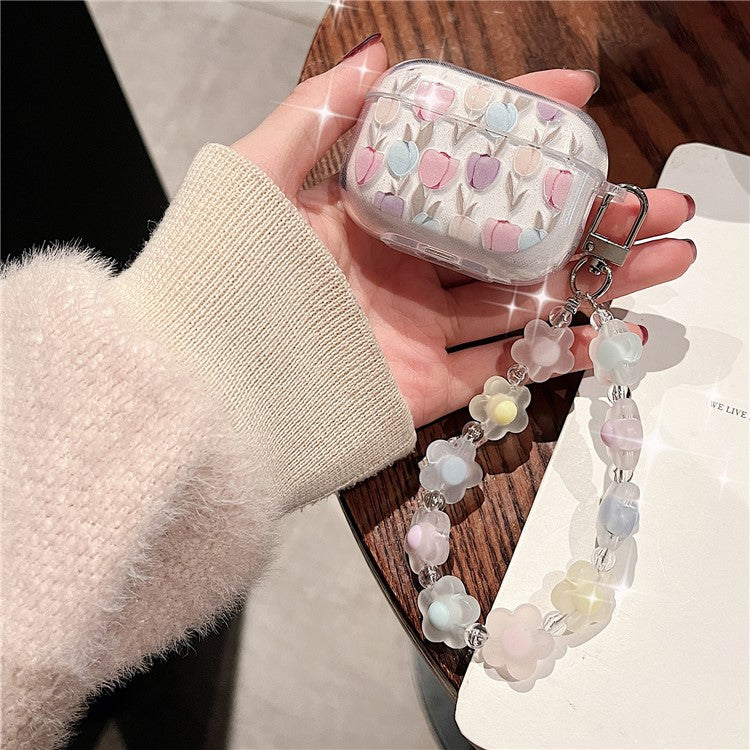 For Apple AirPods Pro 2 Bluetooth Earphone TPU Case Epoxy Pattern Printing Clear Earbud Cover with Hand Strap - Tulip