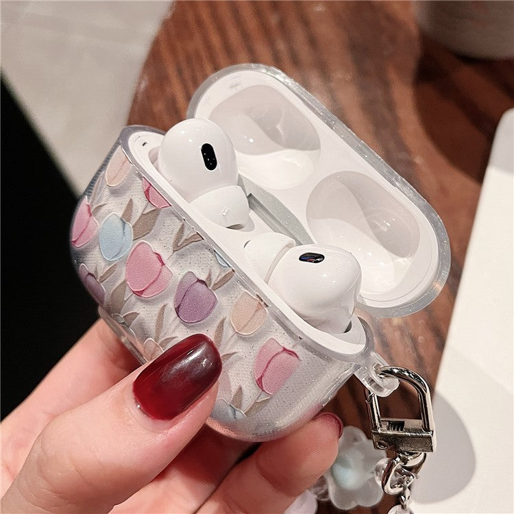 For Apple AirPods Pro 2 Bluetooth Earphone TPU Case Epoxy Pattern Printing Clear Earbud Cover with Hand Strap - Tulip