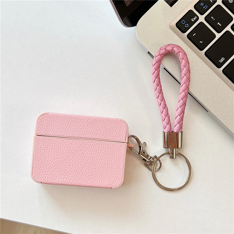 For Apple AirPods Pro Charging Case Cover Litchi Texture PU+TPU Protective Headset Case with Strap - Pink