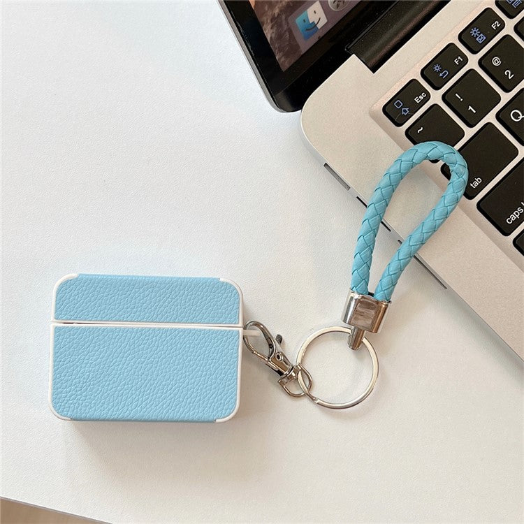 For Apple AirPods Pro Charging Case Cover Litchi Texture PU+TPU Protective Headset Case with Strap - Blue