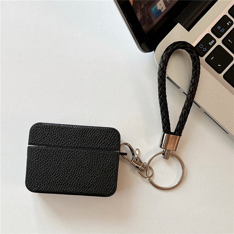 For Apple AirPods Pro Charging Case Cover Litchi Texture PU+TPU Protective Headset Case with Strap - Black