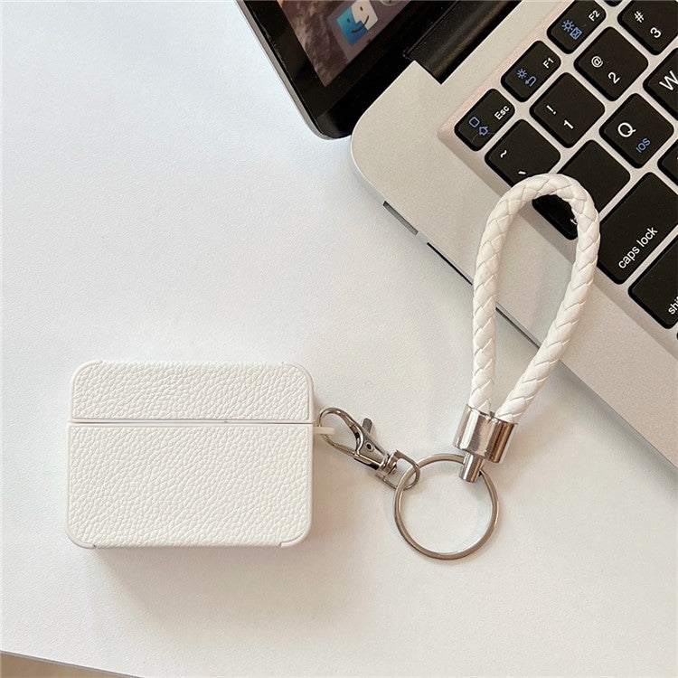 For Apple AirPods Pro 2 Protective Case Litchi Texture PU+TPU Bluetooth Earbuds Charging Case Cover with Strap - White