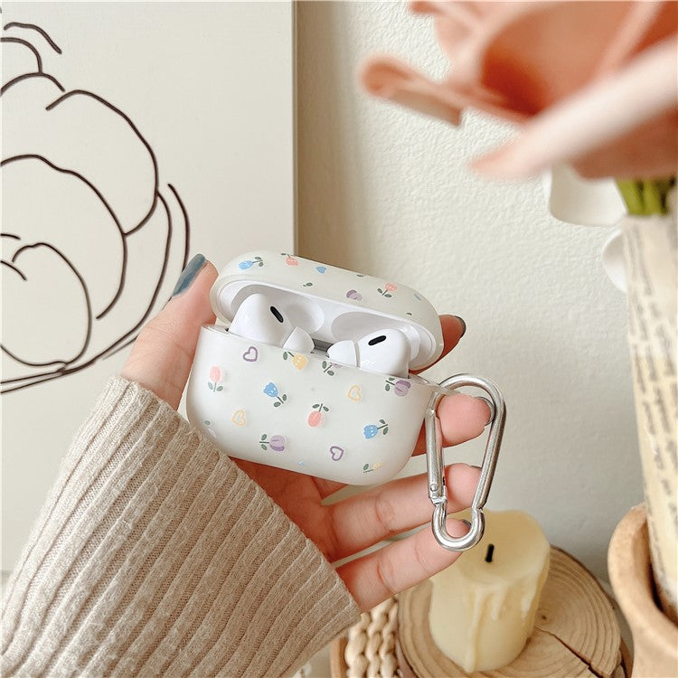 For AirPods Pro 2 Charging Case Cover Luminous TPU Protective Case Pattern Printing Earbuds Cover with Buckle - Heart Flower