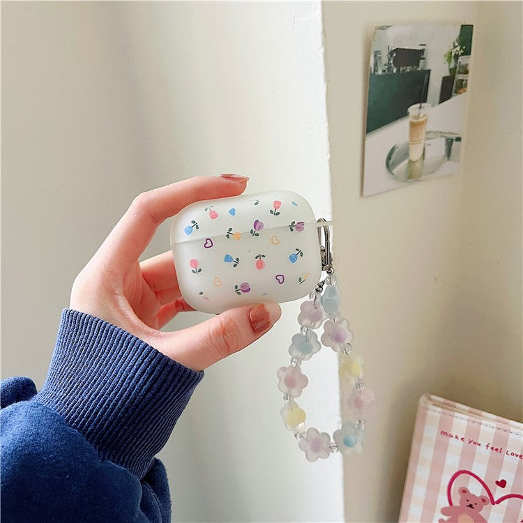 Luminous TPU Case for AirPods Pro 2 Charging Case Cover Pattern Printing Headset Cover with Wrist Strap - Heart Flower