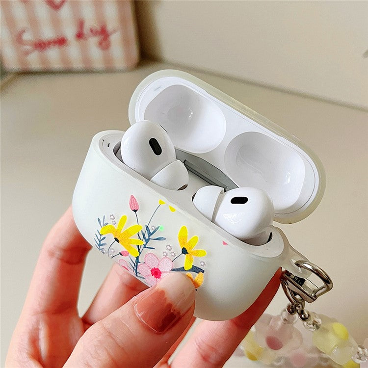 Luminous TPU Case for AirPods Pro 2 Charging Case Cover Pattern Printing Headset Cover with Wrist Strap - Heart Flower