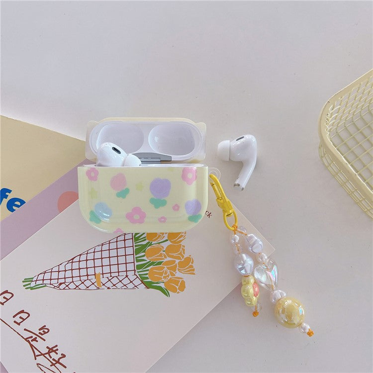 For Apple AirPods Pro Earphone Case Flower Pattern IMD Bluetooth Earbud TPU Cover with Pendant