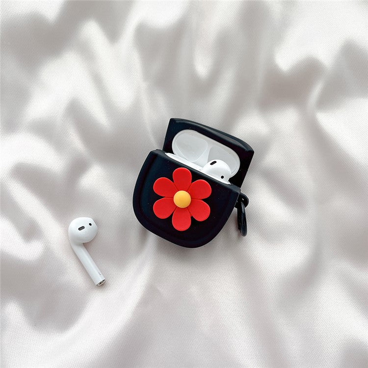 Silicone Case for Apple AirPods with Charging Case (2016) / (2019) / AirPods with Wireless Charging Case (2019) Flower Pattern Cover with Buckle - Black