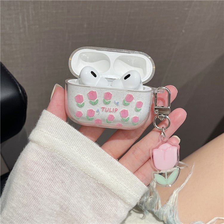 For AirPods Pro 2 One-Piece Design Protective Cover Floral Pattern Glitter TPU Earphone Case with Pendant - Pink Flowers