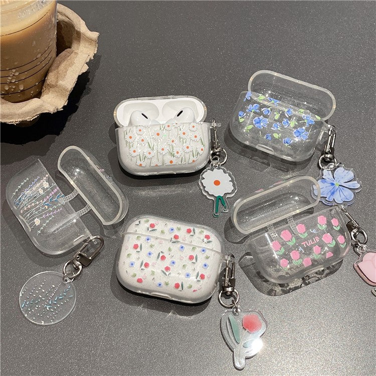 For AirPods Pro 2 One-Piece Design Protective Cover Floral Pattern Glitter TPU Earphone Case with Pendant - Pink Flowers