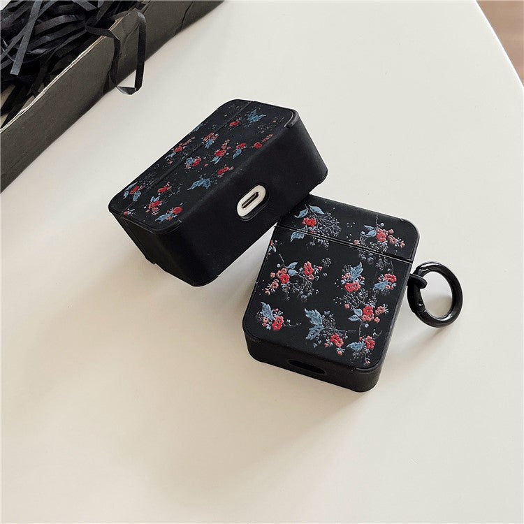 Flower Pattern Earphone Case for Apple AirPods 3 , Bluetooth Earbud Leather Coated TPU Cover with Ring Buckle