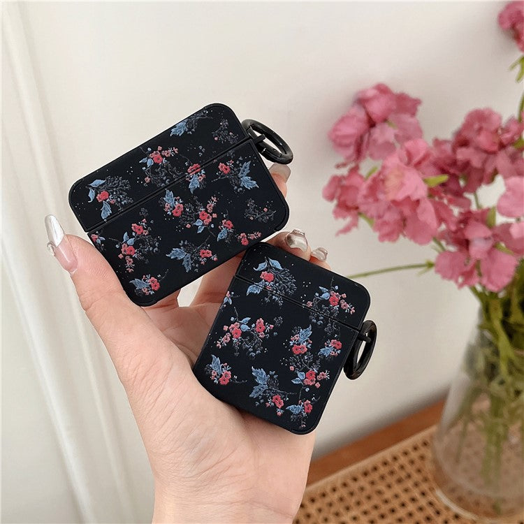 Flower Pattern Earphone Case for Apple AirPods 3 , Bluetooth Earbud Leather Coated TPU Cover with Ring Buckle