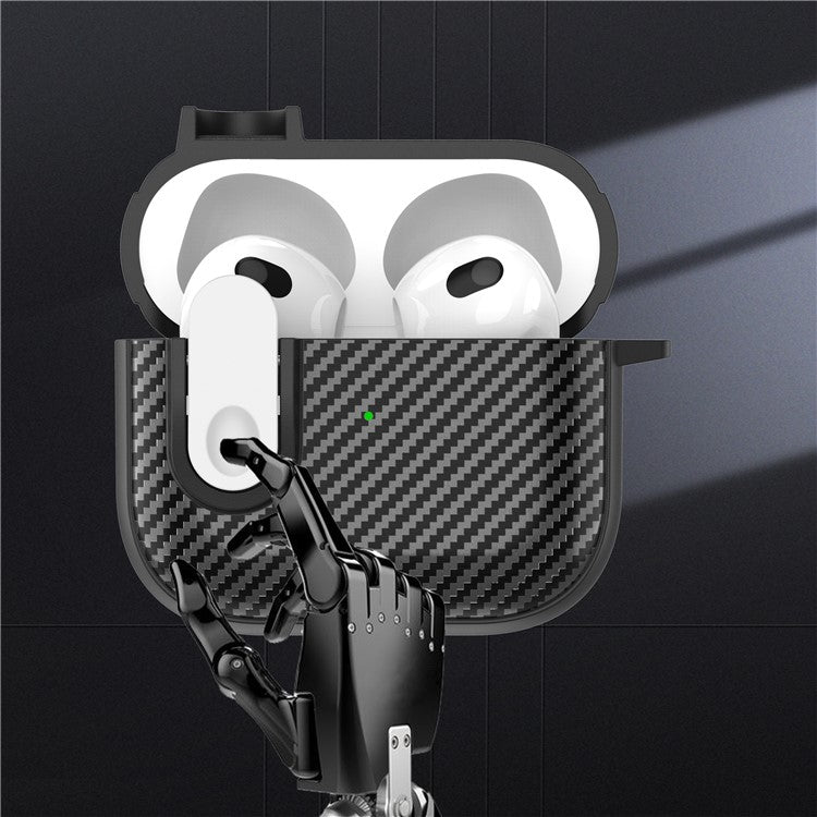 For Apple AirPods 3 TPU+PC Headset Case Buckle Design Carbon Fiber Cover with Anti Lost Hook - Black+White