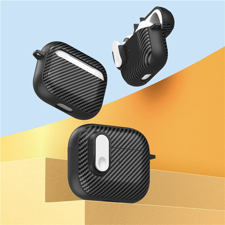 For Apple AirPods 3 TPU+PC Headset Case Buckle Design Carbon Fiber Cover with Anti Lost Hook - Black+White