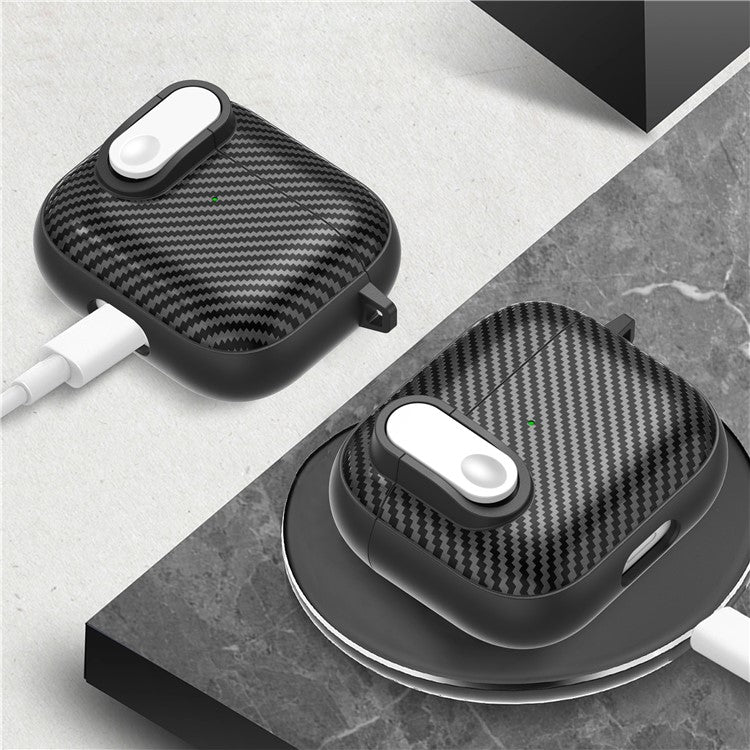 For Apple AirPods 3 TPU+PC Headset Case Buckle Design Carbon Fiber Cover with Anti Lost Hook - Black+White