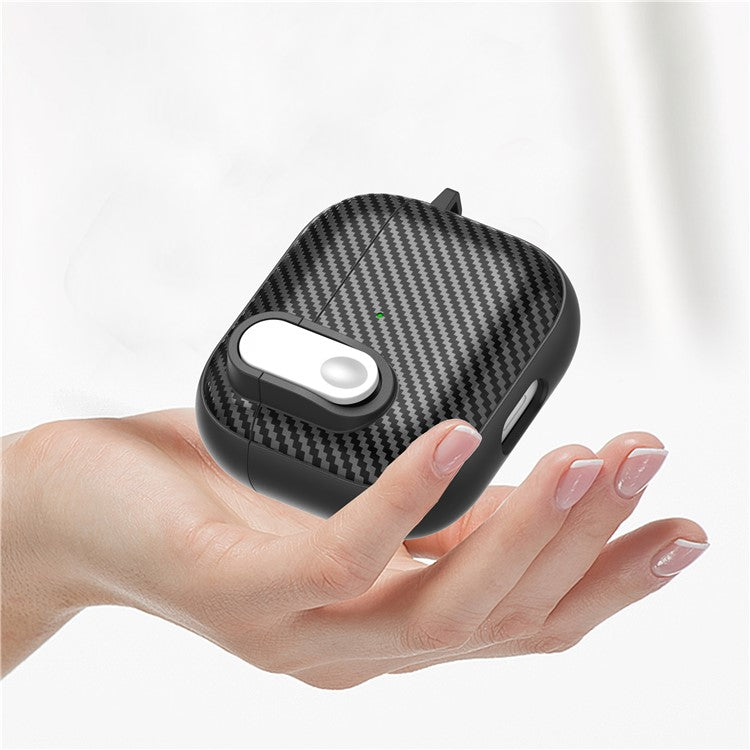 For Apple AirPods 3 TPU+PC Headset Case Buckle Design Carbon Fiber Cover with Anti Lost Hook - Black+White